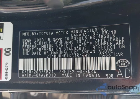 2019 Toyota Corolla Le from USA, damaged, VIN 2T1BURHE4KC181498